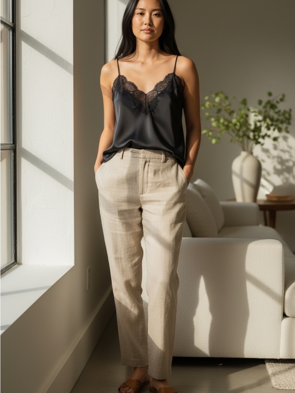 Abercrombie & Fitch Black Satin Lace Cami and Button Detail in back